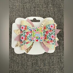 Hand Crafted Floral Glitter Hair Bow - Pink, Gold, White